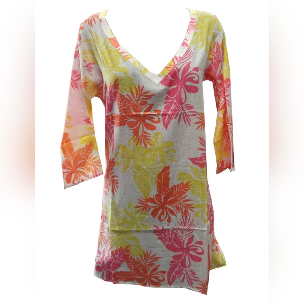 West Indies Pina Colada Cotton Beach Tunic Top Cover-Up Orange/Yellow Size Large